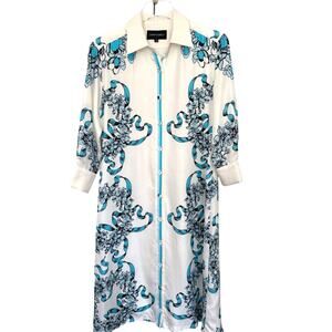 Cynthia Rowley Marseille Blue White Floral Flowery Midi Silk Shirt Dress Size XS